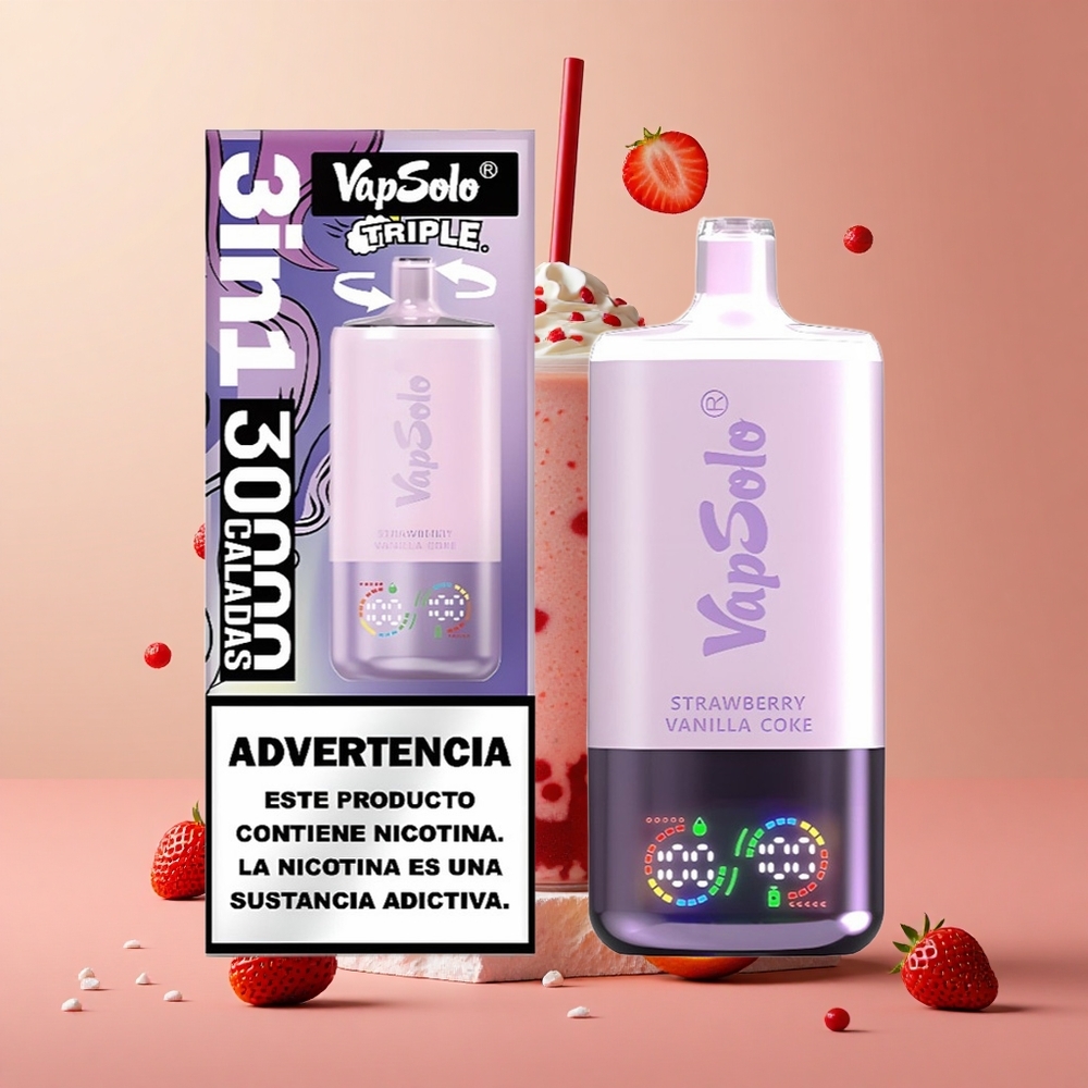 VapSolo Triple 30000 Puffs Morango Baunilha Coca Brasil Atacadista 40ml
