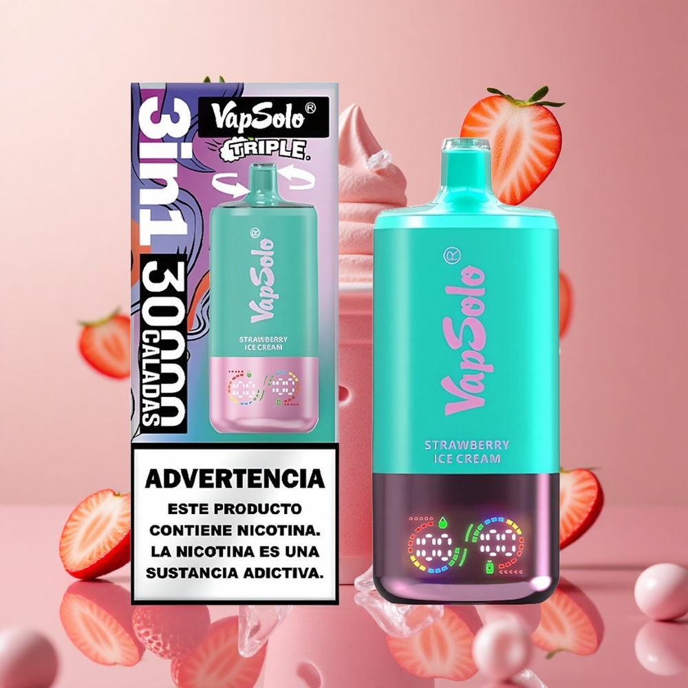 VapSolo Triple 30000 Puffs Morango Sorvete Brasil Atacadista 40ml 3 Tanques